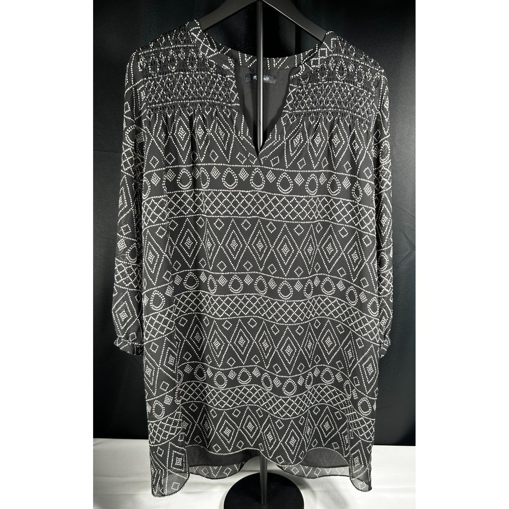 Madewell Black Geometric Smocked V-Neck Long Sleeve Blouse Top Mod Office Small